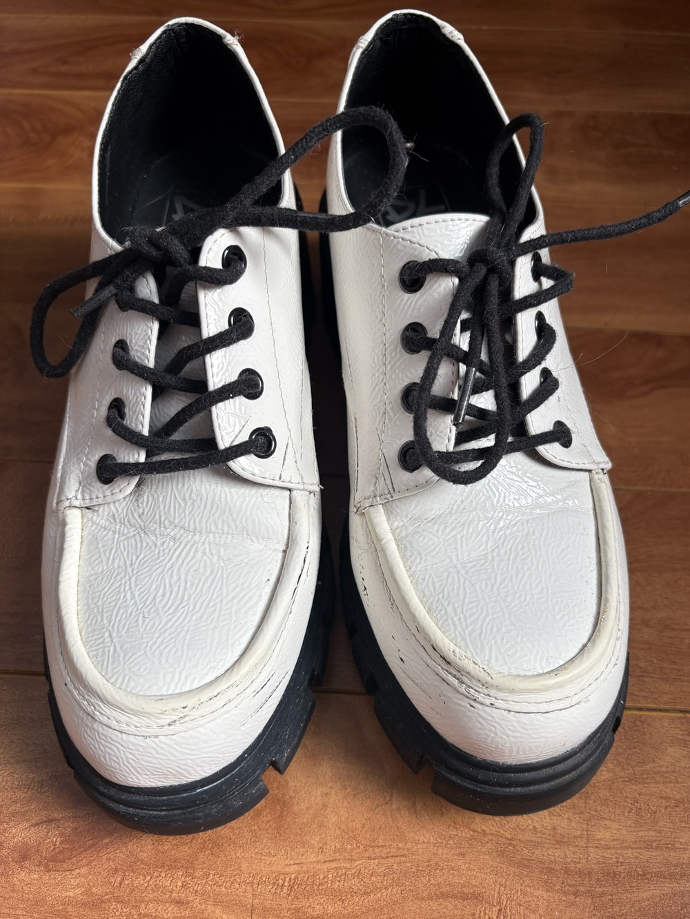 White Chunky Platform Lace-Up Shoes | Black Lug Sole